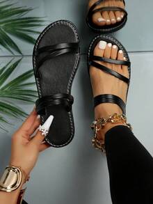 New Plus Size Women Comfortable Simple Round Toe Slip-On Flat Sandals, Casual Fashion Open Toe Slippers For Beach, Summer