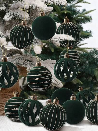 12个圣诞球，深绿色植绒彩绘球，圣诞树装饰，窗户圣诞装饰，圣诞饰品，深绿色植绒彩绘球，适合冬季仙境假日新年圣诞树，节日用品，家居装饰，房间装饰，节日装饰品，圣诞树装饰，室内外家居点缀，圣诞树饰品，圣诞餐桌装饰 - 深绿色