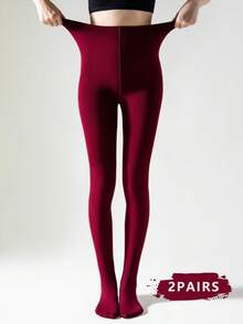 1双女士酒红色抓绒连裤袜，弹力贴身薄款抓绒连裤袜，适合春秋季穿着，舒适保暖
