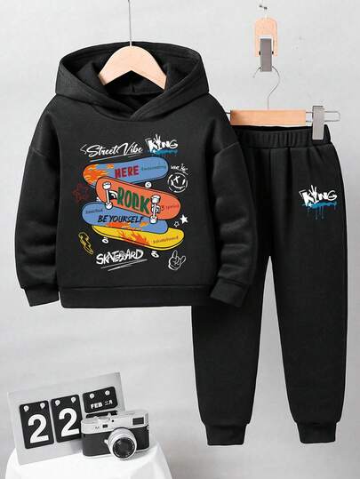 Conjunto de moletom com capuz e calça de moletom estampado de desenho animado para meninos jovens