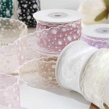 1 件 3 码 38 毫米蕾丝边印花雪花欧根纱丝带，适用于手工蝴蝶结工艺婚礼圣诞装饰 DIY 卡片礼品包装