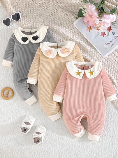 3件套女婴休闲可爱日常穿搭星星、爱心和花朵刺绣抓绒连体衣，秋冬季