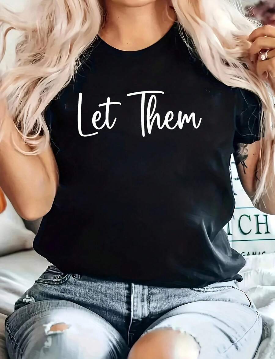 Inspirational T-Shirt With The Phrase "Leave Them" For Men And Women, 100% Cotton, Breathable And Comfortable, Short-Sleeved Crew Neck Suitable For All Seasons, High-Quality 220g Pure Cotton T-Shirt With Minimalist Print, Halloween Costume Tops For Women - 黑色 - 查看 1