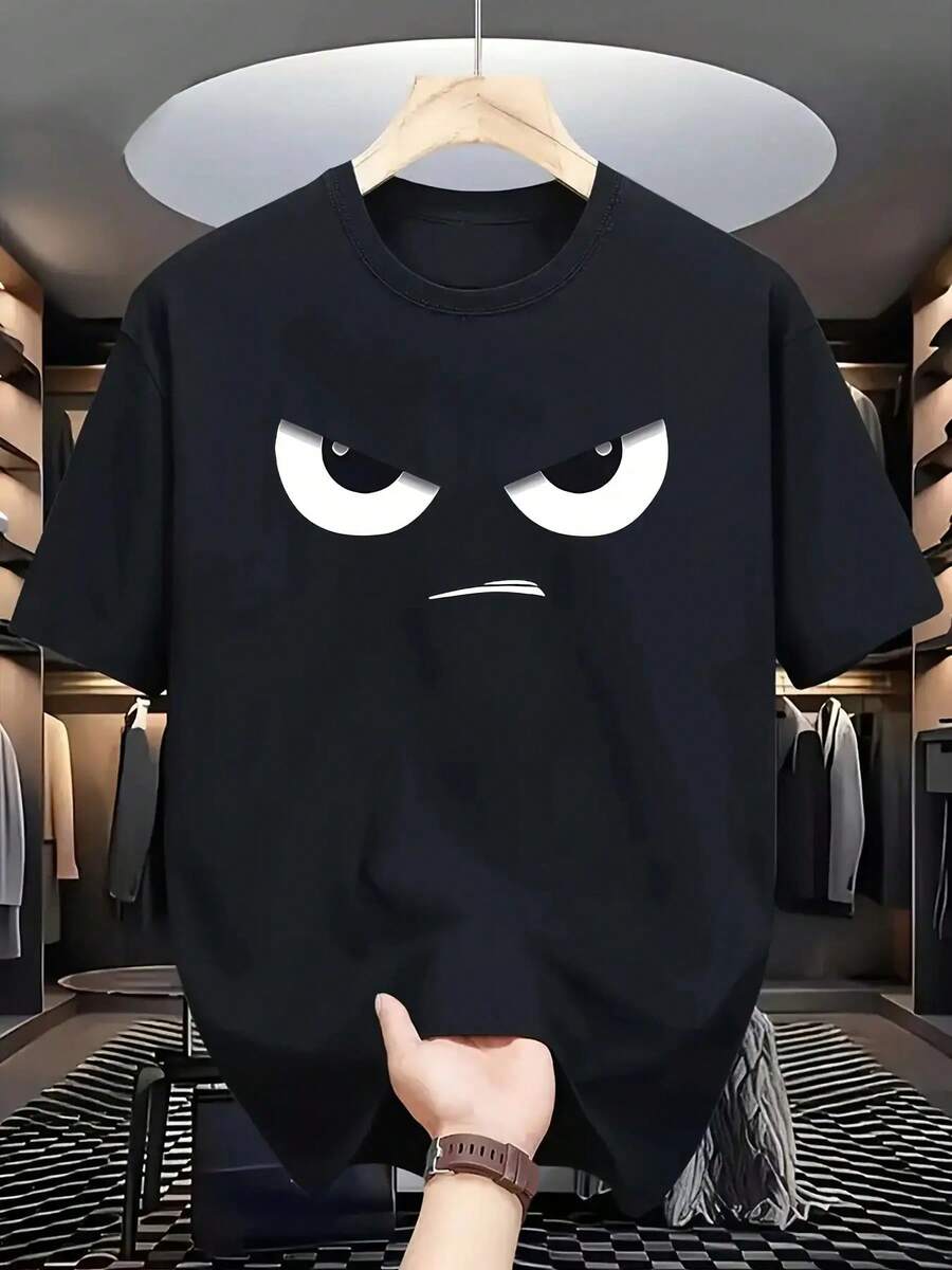 Men'S Casual Crew Neck T-Shirt With Geometric Eye Print| Breathable & Lightweight| Short Sleeve, Regular Fit For Summer Outdoor Activities & Streetwear, Streetwear Tshirt| Bold Graphic Tee| Comfortable Fit - 黑色 - 查看 1