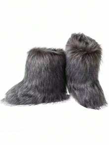 Women's Winter Furry Snow Boots Fuzzy Fluffy Round Toe Suede Booties Flat Heel Slip On Outdoor Indoor Shoes Fashion Warm Fluffy Shoes - 灰色 - 查看 6