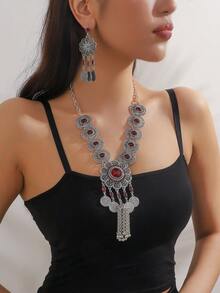 Women's Charming Exotic Palace Retro Mixed Color Versatile Necklace Earrings Jewelry Set, Suitable For Banquet, Evening Party, Travel Outfit Accessories, Gift