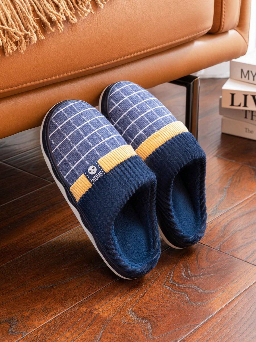 Herren Große Größen Blaue karierte geometrische Hausschuhe, weich & strapazierfähig rutschfeste Innenschuhe, Paar Hausschuhe für den Winter