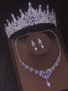 Luxury Purple Crown Pendant Necklace Earrings Bridal Jewelry Set For Women Wedding Dress Accessories