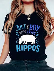 Women's Short-Sleeved Crew Neck T-Shirt With "Hippopotamus, Only A Woman Loves Hippos" Print As A Gift, High-Quality 220g Pure Cotton Fashion Graphic Tee With Minimalist Print, Halloween Costume Tops For Women - 黑色 - 查看 1