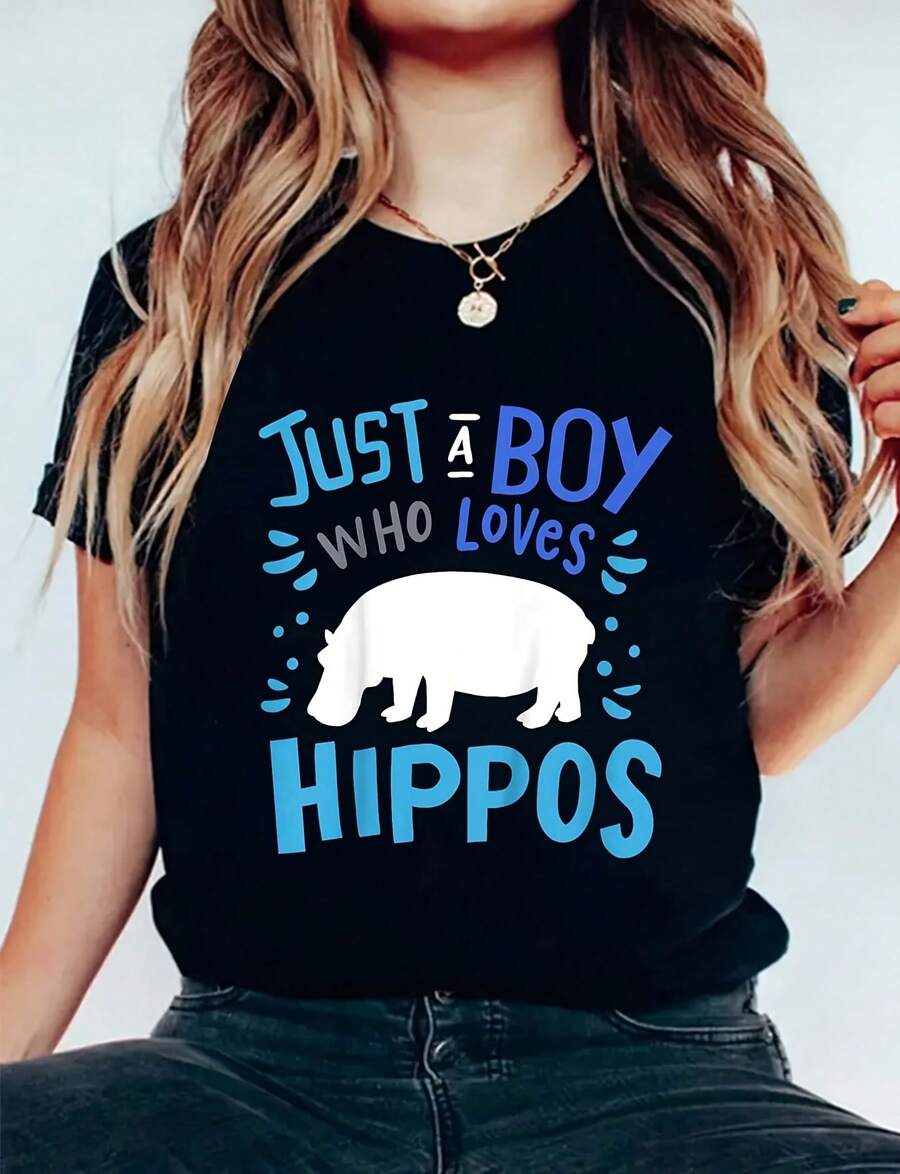 Women's Short-Sleeved Crew Neck T-Shirt With "Hippopotamus, Only A Woman Loves Hippos" Print As A Gift, High-Quality 220g Pure Cotton Fashion Graphic Tee With Minimalist Print, Halloween Costume Tops For Women - 黑色 - 查看 1