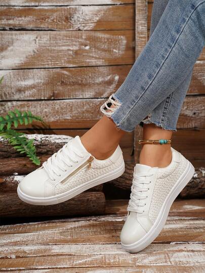 Zapatillas casuales para mujer, blancas de caña baja con cordones y cremallera lateral, cómodas y versátiles para interiores/exteriores, adecuadas para todas las estaciones