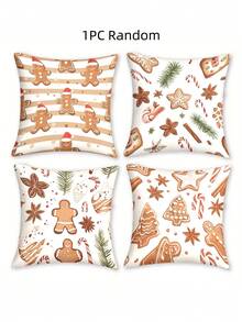 4pcs/1pc Christmas Gingerbread Pillow Cover - Cute Gingerbread Man, Cookies And Spices Pattern Design, 18x18 Inches | Zipper Closure | Bright Colors And Polyester Material | For Living Room, Room Decoration, Sofa And Bedroom (Filling Not Included) Great For Christmas Home Decoration, Christmas Decorations, Christmas Party