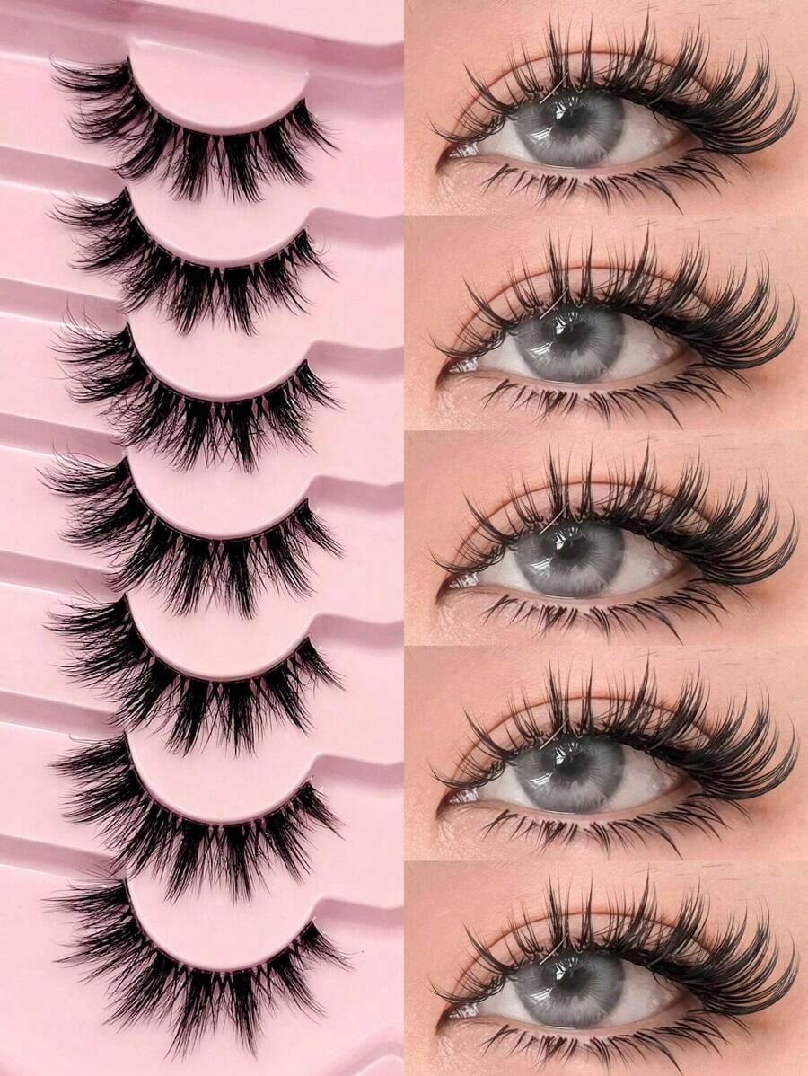 7 Pairs Natural Messy Cat Eye False Eyelashes, Transparent Band, Cat Eye Makeup Effect, Thin & Long, Extended Outer Corner, Soft & Natural Looking False Lashes - Lông mi mềm mại - Xem 1