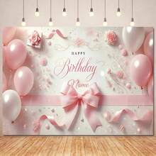 Customizable Name, Happy Birthday, Pink Bow Ribbon Decoration For Photo Backdrops, Pink And White Balloon Ribbon Floral Gift Box Pattern Design, Suitable For Birthdays, Baby Showers, Weddings, Bridal Showers And Other Party Backdrop Decorations, Made Of Vinyl. - Bowknot Pink - View 3