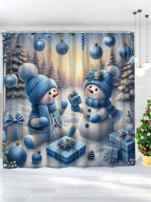 1/4 pièces Ensemble de rideaux de douche d'hiver de Noël, boules de Noël bonhomme de neige, cadeaux. Rideau de douche en polyester bleu mignon, imperméable et lavable pour la décoration de la salle de bain de Noël, avec 12 crochets. Tapis de bain en U et housse de siège de toilette non inclus