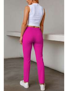 Elegante conjunto de traje azul de manga larga para mujer con cuello chal pantalones largos y detalles de botones - Lila Púrpura - Ver 3