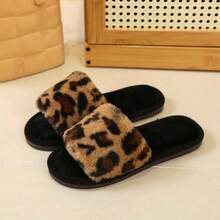 Women's Fur Slippers Autumn And Winter Leopard Print Home Wear Outdoor Flat Non-Slip Lazy Fur Cotton Slippers - 棕色 - 查看 2