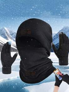 1套秋冬骑行保暖多功能防风滑雪帽、羊毛拉法帽、骑行面罩、手套 - 黑色 - 查看 5