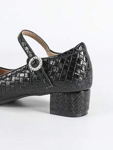 Women's Square Toe Casual Comfortable Rhinestone Buckle Chunky Heel Soft Bottom Work Shoes - Black - View 9