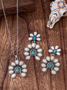 MONLOTTI 3pcs Western Vintage Cowgir Horse Shoe Turquoise Necklace Earring Set,Charm Pendant Necklace Set, Bohemian Turquoise Necklace Earring Set,Gift For Woman