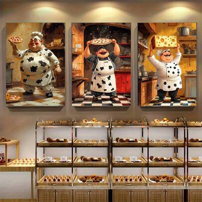 3 Piezas Conjunto de Impresiones en Lienzo de Chef Vibrantes, Arte de Pared Interior sin Marco para Cocina, Restaurante, Oficina - Pósteres Artísticos con Temática de Cocina para Entusiastas de la Comida y Regalo Ideal para Amantes de la Cocina
