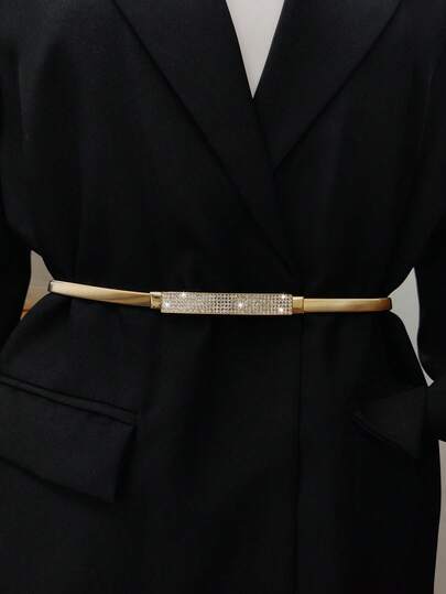 Party 1pc Gold-Color Elastic Metal Waist Chain With Rhinestone Decor For Women's Dress, Skirt, Coat, Suitable For Daily Wear Summer, School Fall, Autumn, Halloween