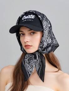 Niche Color-Blocking Quick-Dry Headband Hat, Women Funny Embroidery Outdoor Skateboard Camping Sun Protection Bandana, Black Scarf + Black Cap Winter Warm