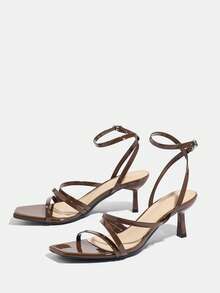 Damen High Heel Sandalen, geeignet für Partys, Outdoor-Reisen, Mode, elegante Bankette, Spiegelverarbeitung, Kitten Heel, quadratische Zehenform, Mehrfachriemen, Party, Urlaub, luxuriös, sexy Kunstleder, Knöchelriemen mit Kreuzung, Schnalle, glänzendes einfarbiges Material, sexy Knöchelriemen, anmutig, würdevoll, schokoladenbraun, elegante High Heel Sandalen - Schokoladenbraun - Übersicht 5