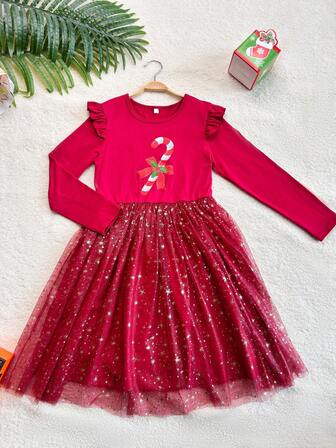 Girls' Red Ruffled Sleeve Dress With Candy Cane Embroidery & Gold Star Tulle Skirt - Perfect For Christmas Parties