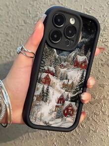 Christmas 1pc Unique Winter Snowy Landscape Pattern Black Perforated Anti-Slip Anti-Fingerprint Full Coverage Soft Phone Case Compatible With Iphone 16 ProMax/16/16 Pro/16 Plus/15/15 ProMax/15 Pro/11/12/13/14 ProMax/11 Pro/11 ProMax/12 Pro/12 ProMax/13 Pro/13 ProMax/14 Pro/14 ProMax/16 ProMax/16/16 Pro/16 Plus, Minimalist Creative Design