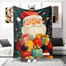 1 pieza Manta de franela suave de Navidad - Estampado digital de Papá Noel y regalos, manta para sofá/cama/oficina/viaje para todas las estaciones, decoración navideña moderna, diseño de temporada invernal, lavable a máquina, durable y ligera, regalo de Navidad ideal, decoración temática navideña, tela ligera, funda decorativa, para entusiastas de la decoración del hogar, manta decorativa navideña