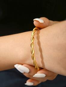 TONSI 1pc Elegant Charming Minimalist Chic Stainless Steel 18K Gold Plated Spiral Twist Bangle Bracelet, Suitable For Summer, Workday, Party, Women Jewelry