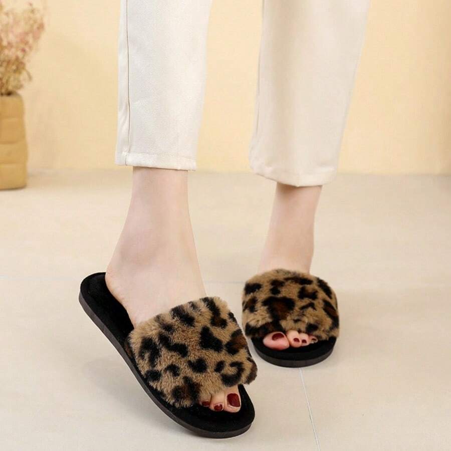 Women's Fur Slippers Autumn And Winter Leopard Print Home Wear Outdoor Flat Non-Slip Lazy Fur Cotton Slippers - 棕色 - 查看 1