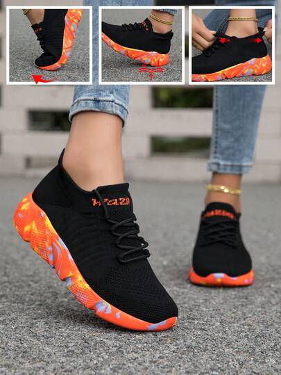1 Pair Women's Camouflage Pattern Lace-Up Lightweight Athletic Sneakers, Suitable For Outdoor Wear In Spring And Autumn