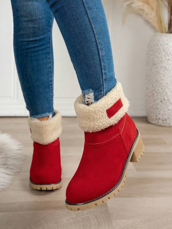 بوت ثلج كاجوال للنساء، بوت كاحل دافئة ذات لون أحادي بتصميم كلاسيكي، برقبة مدورة وكعب سميك، بطانة حرارية وفرو سميك، بوت قصيرة متعددة الاستخدامات للشتاء