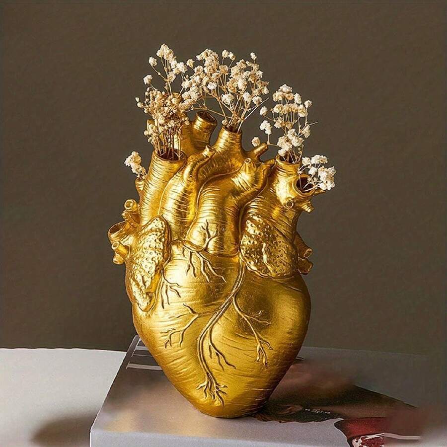 Heart Shaped Resin Vase - Anatomical Human Heart Flower Pot Planter, Nordic Modern Desktop Decor For Farmhouse Living Room, Bedroom, Valentine's Day Gift Home - Vàng - Xem 1