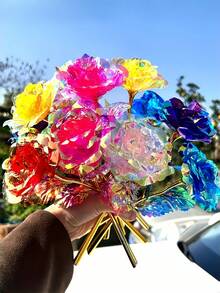 5/10/20支装闪亮水晶玫瑰花束 - 优雅彩虹人造花，金色花茎，含玻璃花瓶，适用于情人节、婚礼、周年纪念日、圣诞派对装饰、浪漫装饰，闪亮花朵，塑料玫瑰 - 彩色 - 查看 9