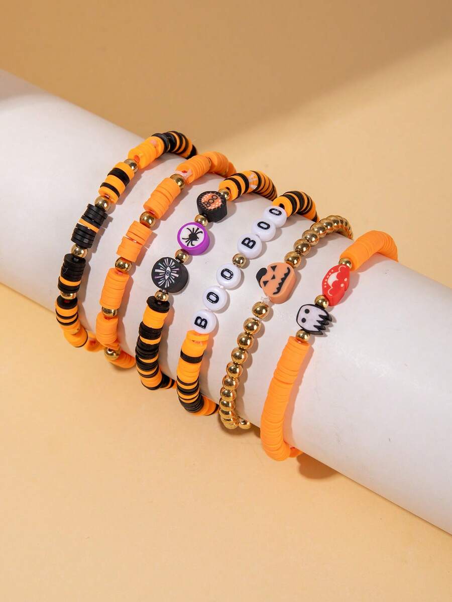 6-Piece/Set Halloween Themed Party Retro Ghost Pumpkin Polymer Clay Bead Bracelet Set,Bracelets For Women Set,Bracelet Stack,Halloween Decor Jewelry,Halloween Stuff,Vintage Western Jewelry,Suitable For Ladies To Wear On Halloween