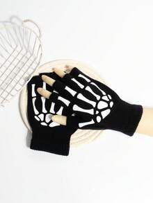 1 Pair Skeleton Fabric Half Finger Gloves, Unisex Halloween Decorative Gloves, Autumn/Winter Winter Warm - Black - View 2