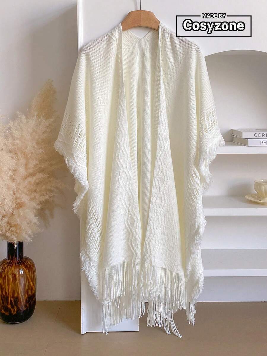 1pc Solid Color Open Slit Knitted Shawl, Women Bohemian Style Travel Warm Knitted Cape Shawl, Suitable For Daily Wear, Autumn/Winter For Dress