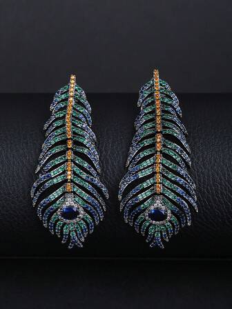 1 par lyxiga smyckesstil långa hängande örhängen med kubisk zirkonia och fjäderdekor, modeörhängen för kvinnor, lämpliga för formella klänningar, födelsedags- och högtidspresenter