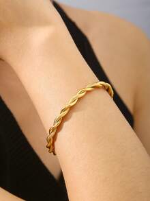 TONSI 1pc Elegant Charming Minimalist Chic Stainless Steel 18K Gold Plated Spiral Twist Bangle Bracelet, Suitable For Summer, Workday, Party, Women Jewelry