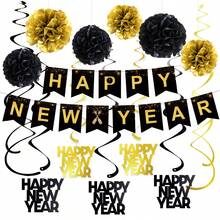 New Year Party Decor Black & Gold Luxurious Style Horizontal Banner, Paper Flower Balls, Spiral Hanging Ornaments Set - Multicolor - View 13