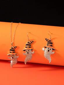 3pcs/Set Halloween Series Ghost Pumpkin Earnail Necklace Personalized Retro Full Diamond Ghost Pumpkin Skull