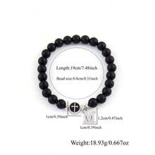 1pc New Matte Stainless Steel Letter & Round Cross Beaded Bracelet (Men) - Black - View 2