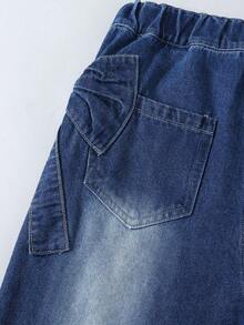 1 pezzo Jeans in denim lavaggio scuro con fiocco, stile casual retrò semplice e confortevole, nuovo per autunno/inverno, per ragazze