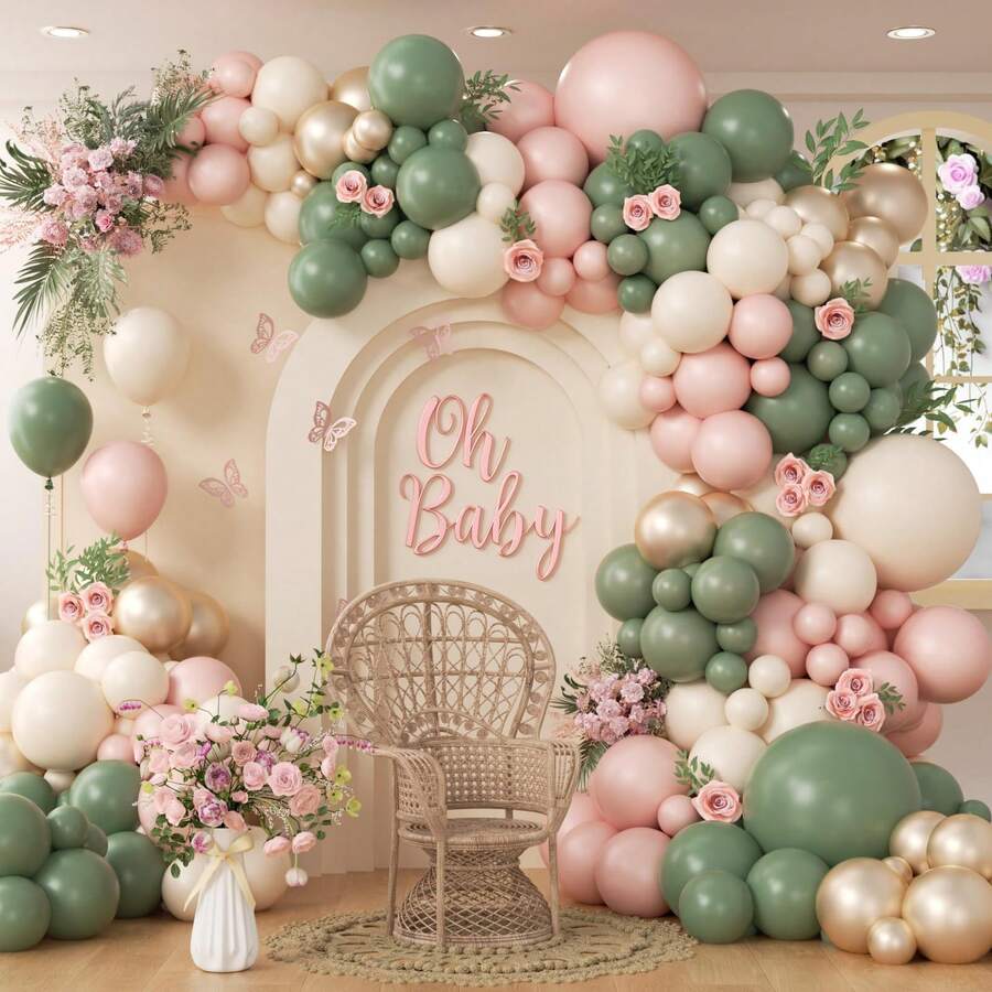 108 Stücke Pastellrosa & Grün Ballon Bogen Set mit goldenem Metall, weiße, salbeigrüne & rosa Ballons, geeignet für Boho Baby Shower, Geschlechtsoffenbarung, Jungen/Mädchen Geburtstags Party Dekoration