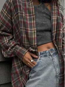 1 szt. poliestrowa kurtka w kratę z kieszenią z przodu, na guziki, do noszenia na co dzień na wiosnę i jesień