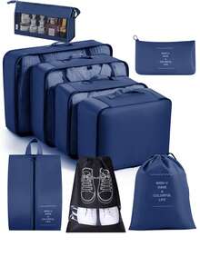 9pcs/7pcs/1pc Beige Letter Pattern Travel Packing Cubes, Travel Organizer Set, Luggage Organizer Bags, Travel Luggage Packing Organizers With Laundry Bag, Compression Shoe Bag, Clothes Underwear Bag, Unisex, Make Travel Easier, Suitable For Travel Storage Bags, Cosmetic Bags, Dorm Room Decor, Bedroom Storage Bags