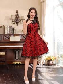 Women Mesh Floral Embroidery Vintage Cocktail Swing Dress Illusion 50s Goth Flared A Line Casual Wedding Prom Evening Dress - 寶藍色 - 查看 6